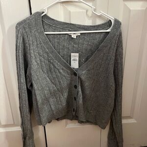 Gray Ribbed Button-Up Sweater